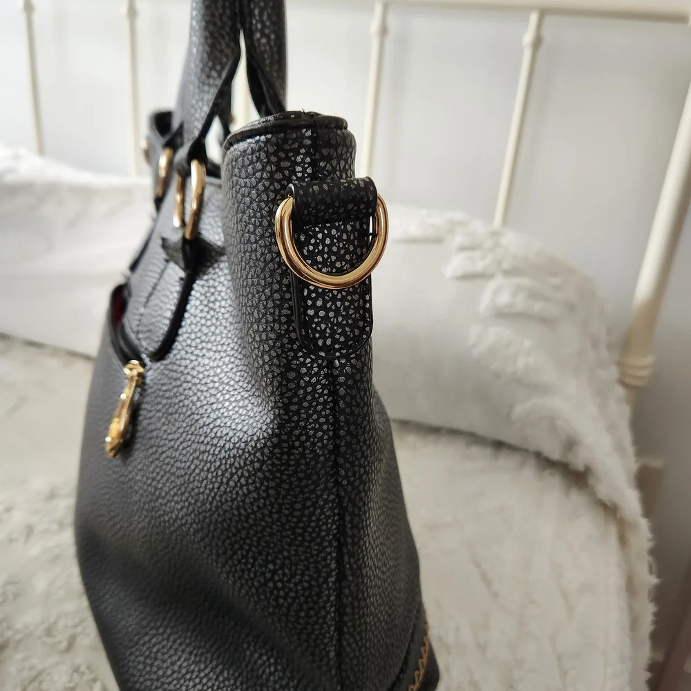 Michael Kors Black Pebbled Leather Satchel with Gold Hardware 22 Inch Straps